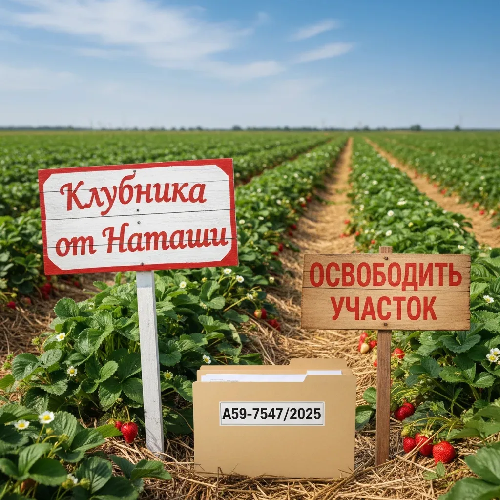 На изображении клубничное поле с дорожкой посередине. Есть два указателя с надписями: «Клубника от Наташи» и «Освободить участок». Также папка с надписью номера дела А59-7547/2025